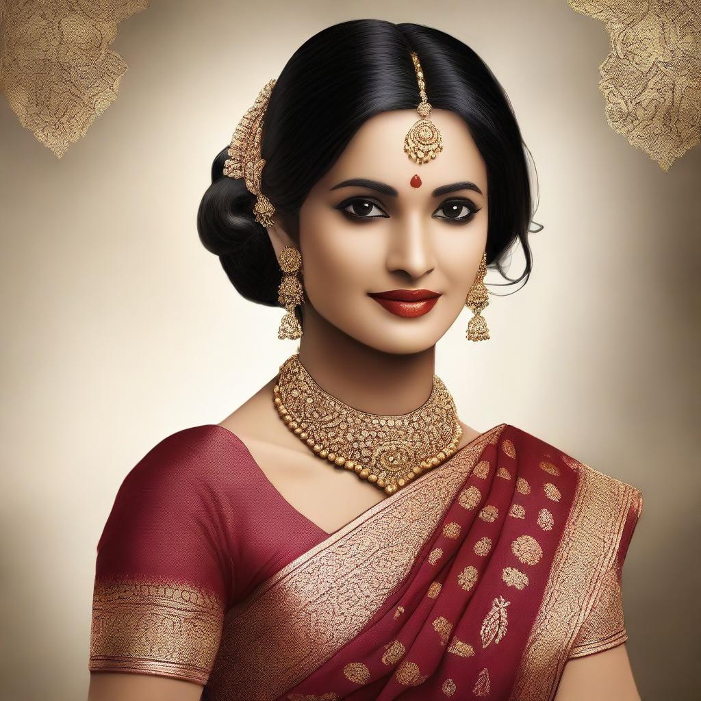 A detailed and respectful portrayal of an Indian woman wearing traditional attire, including a blouse and saree