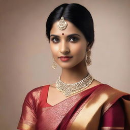 A detailed and respectful portrayal of an Indian woman wearing traditional attire, including a blouse and saree