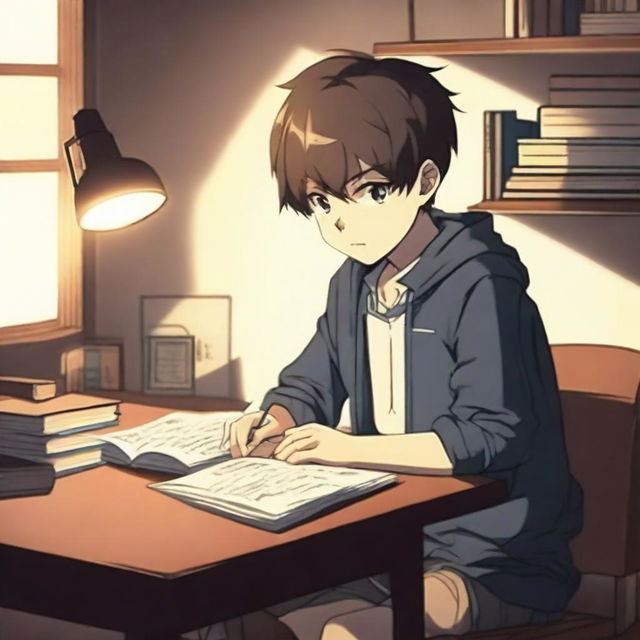 A young anime boy studying diligently at night, sitting at a desk with books and a lamp