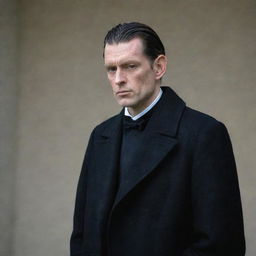 A man with heron-like features wearing a black overcoat