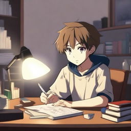 A young anime boy studying diligently at night, sitting at a desk with books and a lamp