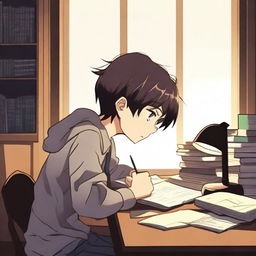 A young anime boy studying diligently at night, sitting at a desk with books and a lamp