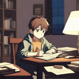 A young anime boy studying diligently at night, sitting at a desk with books and a lamp