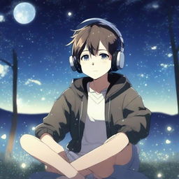 An anime boy is listening to music at night with headphones on