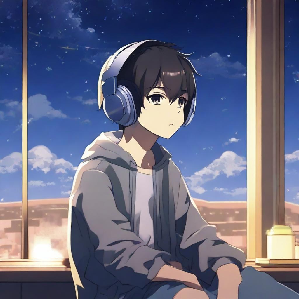 An anime boy is listening to music at night with headphones on