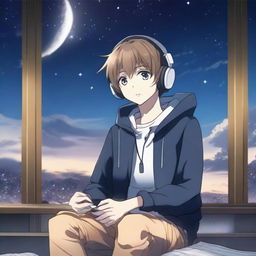 An anime boy is listening to music at night with headphones on