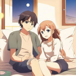 An anime boy sitting on a bed with a girl