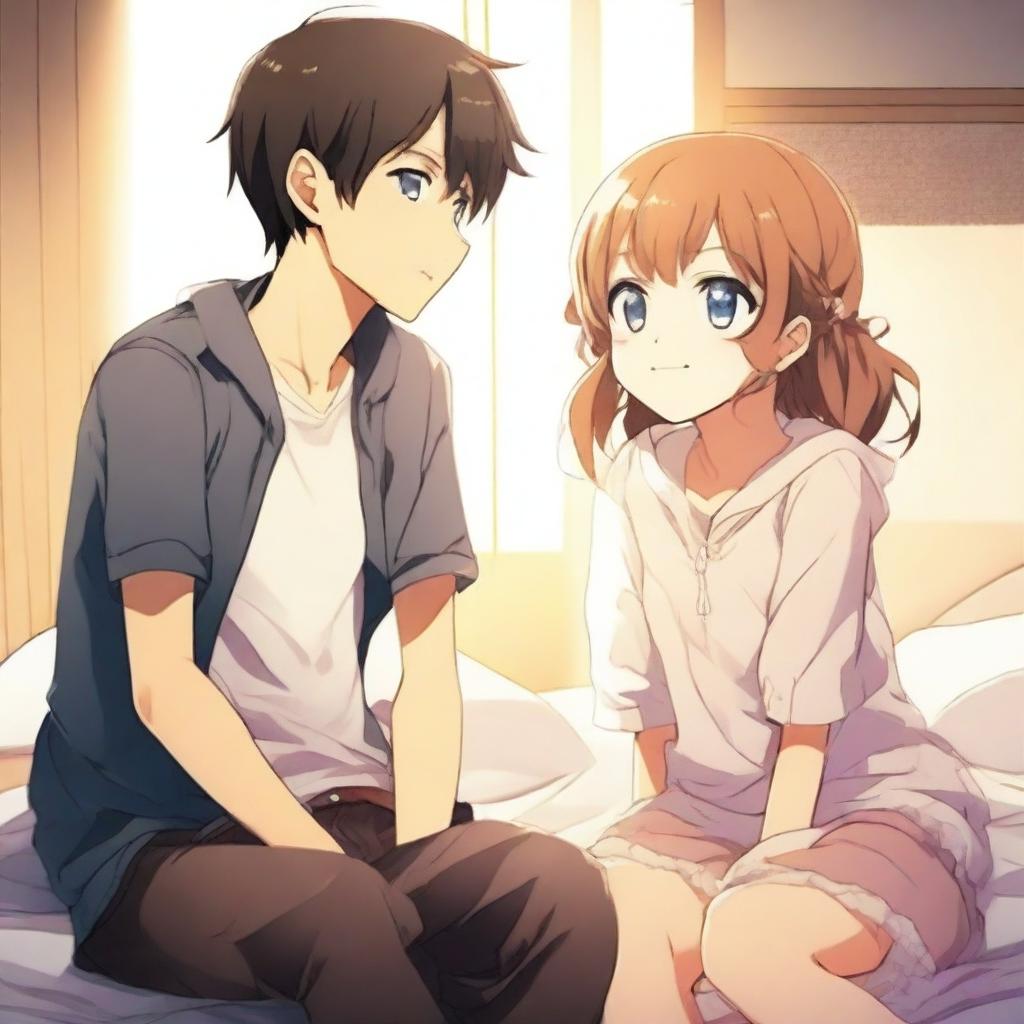 An anime boy sitting on a bed with a girl