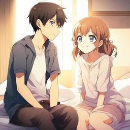 An anime boy sitting on a bed with a girl