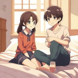 An anime boy sitting on a bed with a girl