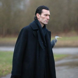 A man with heron-like features wearing a black overcoat