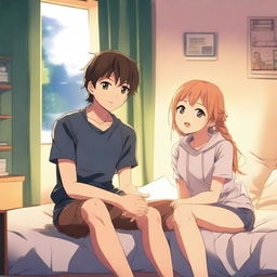 An anime boy sitting on a bed with a girl