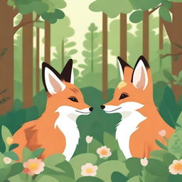 A cute animal couple, such as a pair of foxes or rabbits, lovingly watching each other in a serene forest setting