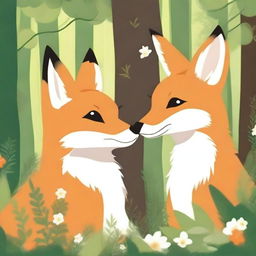 A cute animal couple, such as a pair of foxes or rabbits, lovingly watching each other in a serene forest setting