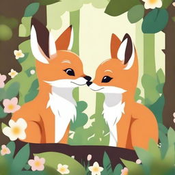 A cute animal couple, such as a pair of foxes or rabbits, lovingly watching each other in a serene forest setting