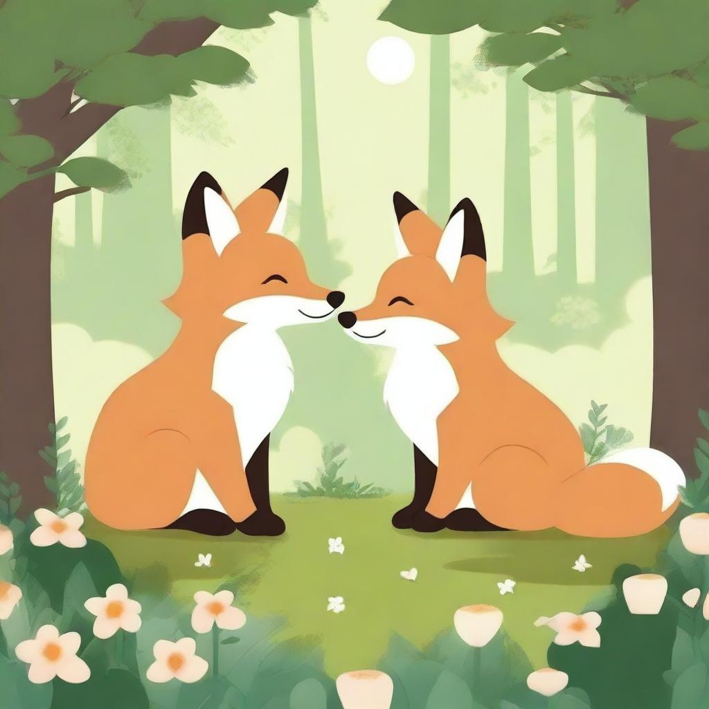 A cute animal couple, such as a pair of foxes or rabbits, lovingly watching each other in a serene forest setting