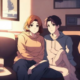 An anime-style hot couple sitting close together on a couch, watching TV in a dimly lit room