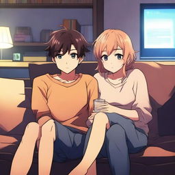 An anime-style hot couple sitting close together on a couch, watching TV in a dimly lit room