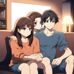 An anime-style hot couple sitting close together on a couch, watching TV in a dimly lit room