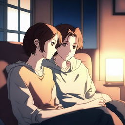 An anime-style hot couple sitting close together on a couch, watching TV in a dimly lit room