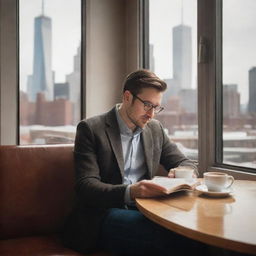 A realistic image of a 30-year-old man sitting in a Manhattan cafe, engrossed in a book. The atmosphere is bustling, yet the man seems deeply engaged in his reading. The coffee and city skyline in the background add to the urban ambiance.