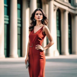 A stylish and elegant woman wearing a fashionable dress, standing confidently in a modern urban setting