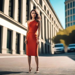 A stylish and elegant woman wearing a fashionable dress, standing confidently in a modern urban setting