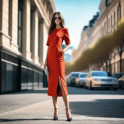 A stylish and elegant woman wearing a fashionable dress, standing confidently in a modern urban setting