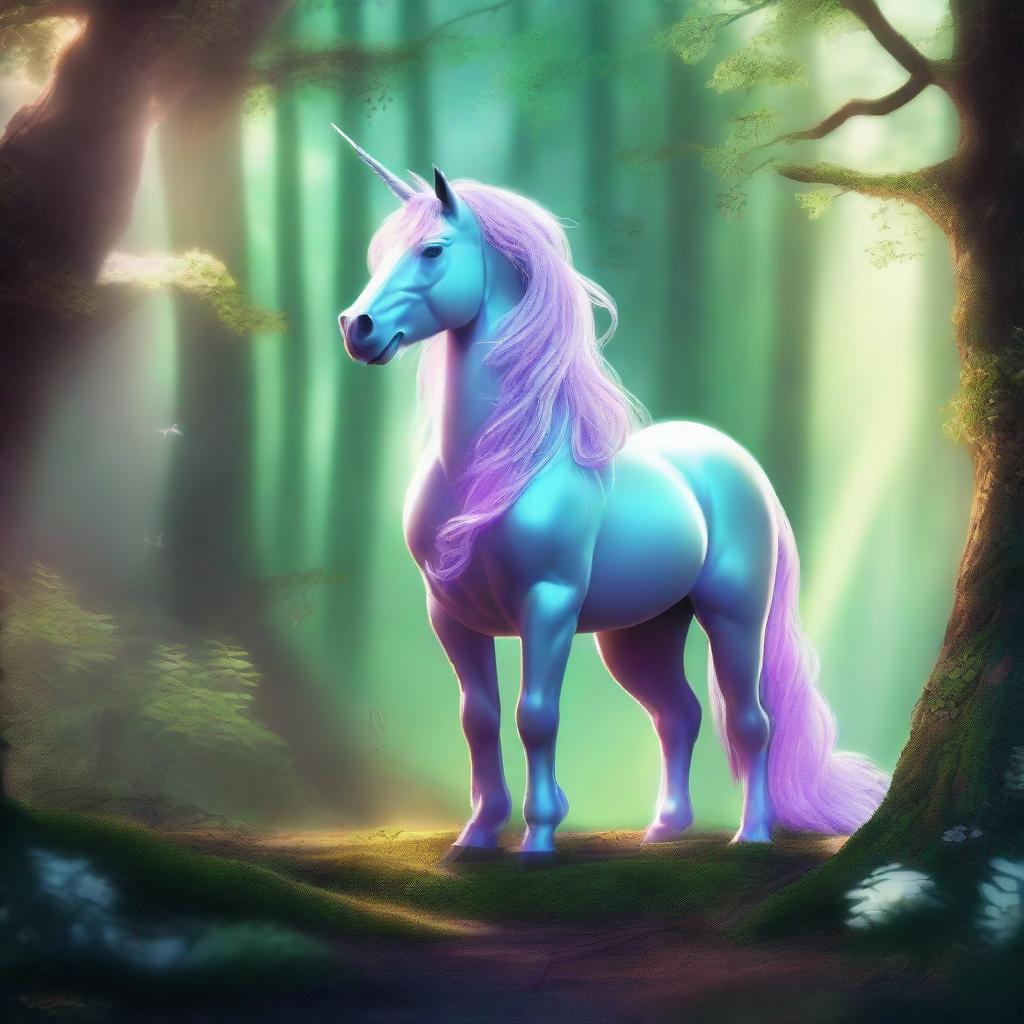 A mystical unicorn standing majestically in a fantasy forest