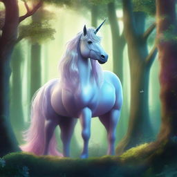 A mystical unicorn standing majestically in a fantasy forest