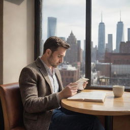 A realistic image of a 30-year-old man sitting in a Manhattan cafe, engrossed in a book. The atmosphere is bustling, yet the man seems deeply engaged in his reading. The coffee and city skyline in the background add to the urban ambiance.