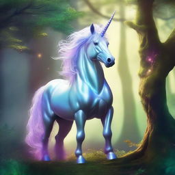 A mystical unicorn standing majestically in a fantasy forest