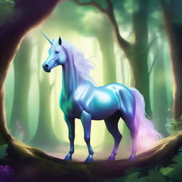 A mystical unicorn standing majestically in a fantasy forest