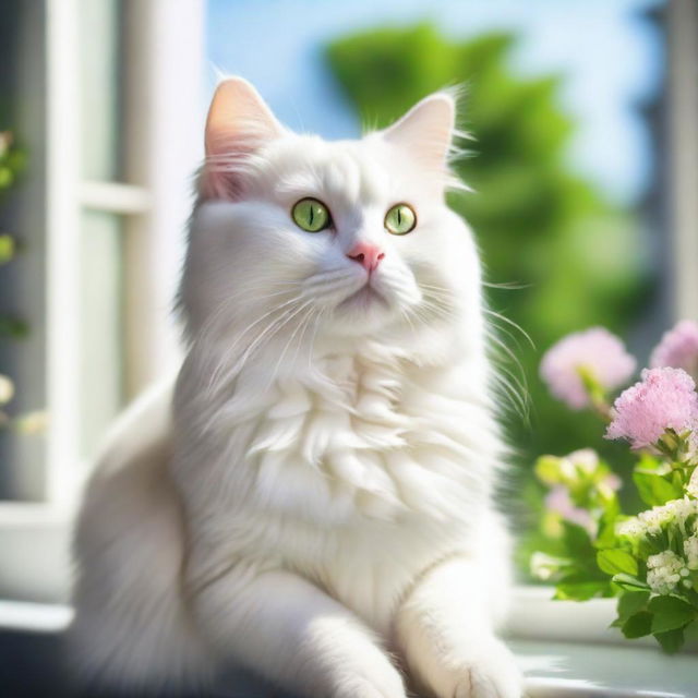 A cute, fluffy cat sitting on a sunny windowsill, looking outside with curiosity