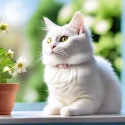 A cute, fluffy cat sitting on a sunny windowsill, looking outside with curiosity