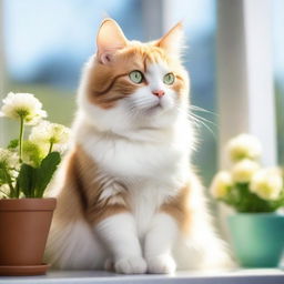 A cute, fluffy cat sitting on a sunny windowsill, looking outside with curiosity