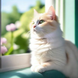 A cute, fluffy cat sitting on a sunny windowsill, looking outside with curiosity