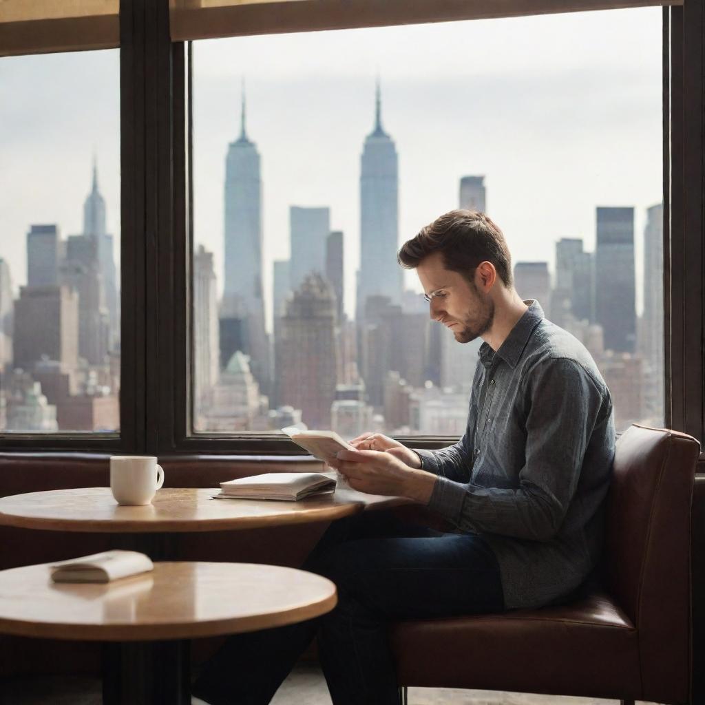 A realistic image of a 30-year-old man sitting in a Manhattan cafe, engrossed in a book. The atmosphere is bustling, yet the man seems deeply engaged in his reading. The coffee and city skyline in the background add to the urban ambiance.