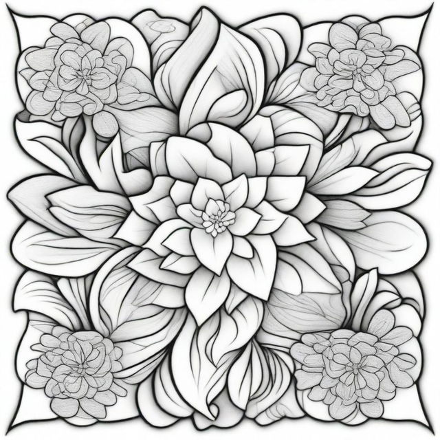 An intricate, antistress coloring pattern featuring a variety of geometric shapes, floral designs, and abstract elements