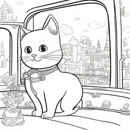 A whimsical, line-drawn illustration of a cat riding a train, designed for coloring