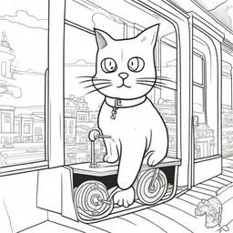 A whimsical, line-drawn illustration of a cat riding a train, designed for coloring