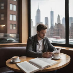 A realistic image of a 30-year-old man sitting in a Manhattan cafe, engrossed in a book. The atmosphere is bustling, yet the man seems deeply engaged in his reading. The coffee and city skyline in the background add to the urban ambiance.