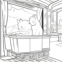 A whimsical, line-drawn illustration of a cat riding a train, designed for coloring