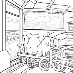 A whimsical, line-drawn illustration of a cat riding a train, designed for coloring