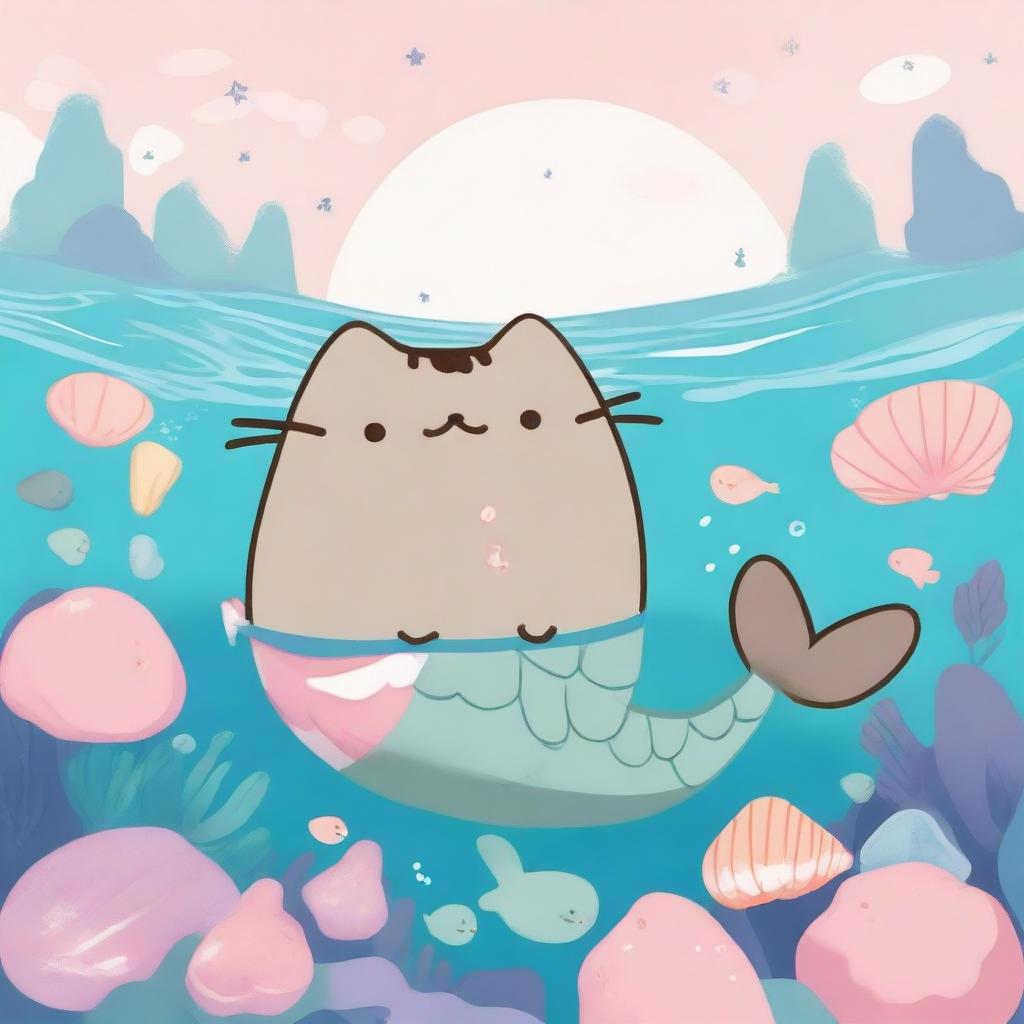 A cute and whimsical illustration of Pusheen the cat as a mermaid