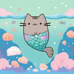 A cute and whimsical illustration of Pusheen the cat as a mermaid