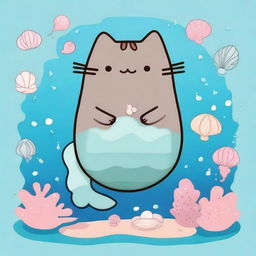 A cute and whimsical illustration of Pusheen the cat as a mermaid