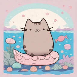 A cute and whimsical illustration of Pusheen the cat as a mermaid