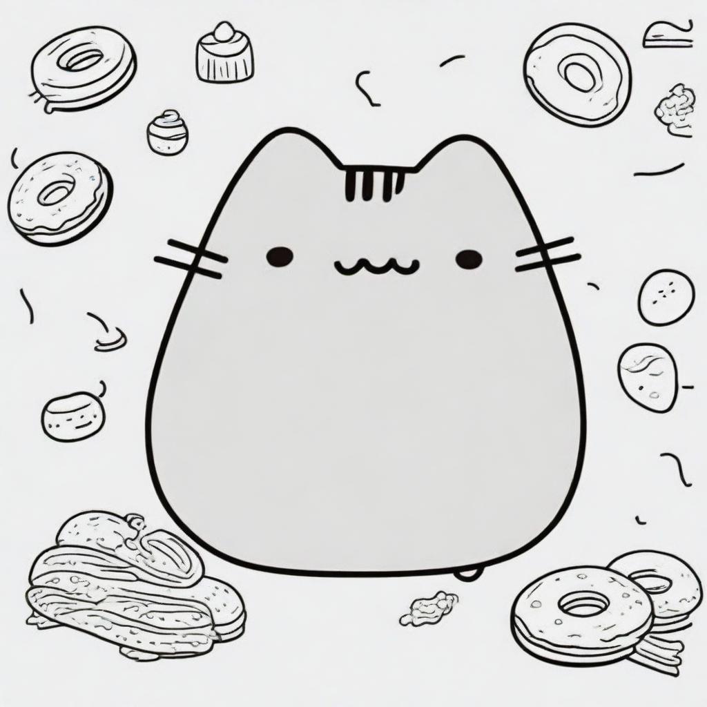 A collection of line-drawn illustrations of Pusheen the cat, designed for coloring