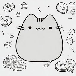 A collection of line-drawn illustrations of Pusheen the cat, designed for coloring